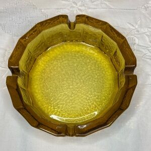 Vintage MCM 60s 70s Paneled Amber Blenko Pebbled Art Glass Ashtray.